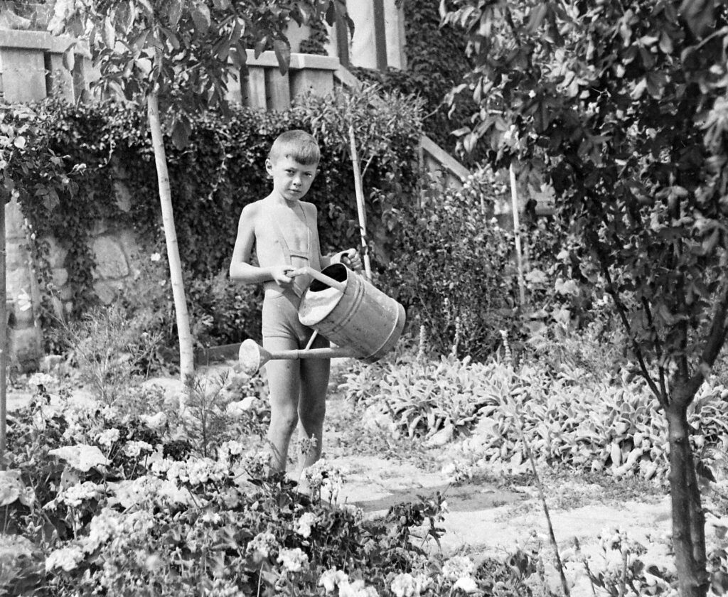 Arrosoir en métal posé dans l'herbe haute contre un mur de jardin