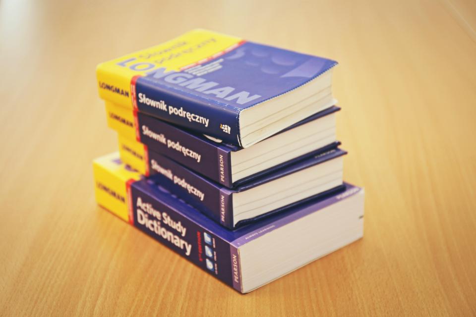 Bureau de traducteur couvert de dictionnaires ouverts et de feuillets annot&eacute;s